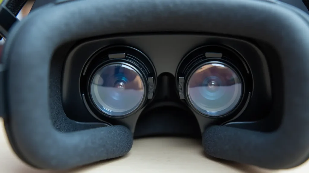 close up interior view of vr headset for switch showing adjustable lenses and padded comfort design