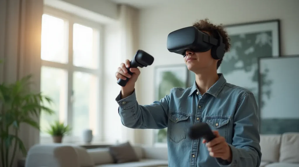 sword art online vr - Realistic modern tech lifestyle photograph style image of a person using a high-end VR headset in a minimal contemporary living room. The user is actively moving with motion controllers, dynamic body posture, realistic lighting, natural daylight coming through windows, slight motion blur for immersion effect. Ultra-detailed, DSLR-quality, high dynamic range, clean