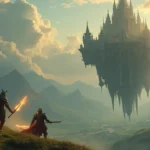 sword art online vr - Ultra-cinematic fantasy landscape inspired by a massive floating castle in the sky, towering above a vast open MMORPG world. Two armored sword warriors clash mid-air with glowing blades, sparks flying on impact. Below them, rolling green hills, crystal-clear rivers, distant medieval villages, and dramatic mountain ranges stretch toward the horizon. The floating fortress dominates the sky with intricate stone architecture and suspended platforms. Golden sunlight breaking through clouds, volumetric lighting, epic scale, hyper-detailed environment, dynamic motion, sharp focus, high fantasy art style, 16:9 aspect ratio, no text, no modern elements, no watermark.