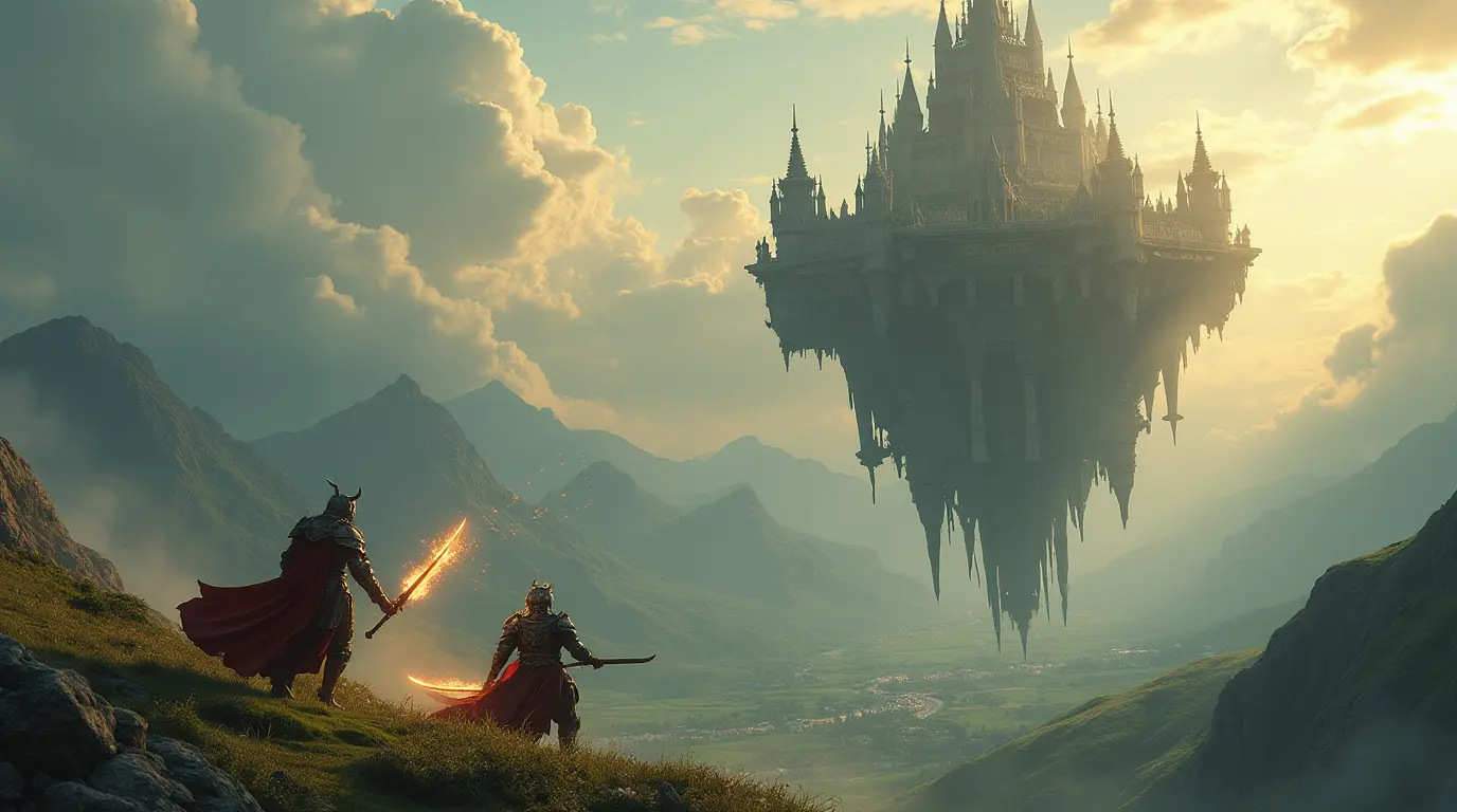 sword art online vr - Ultra-cinematic fantasy landscape inspired by a massive floating castle in the sky, towering above a vast open MMORPG world. Two armored sword warriors clash mid-air with glowing blades, sparks flying on impact. Below them, rolling green hills, crystal-clear rivers, distant medieval villages, and dramatic mountain ranges stretch toward the horizon. The floating fortress dominates the sky with intricate stone architecture and suspended platforms. Golden sunlight breaking through clouds, volumetric lighting, epic scale, hyper-detailed environment, dynamic motion, sharp focus, high fantasy art style, 16:9 aspect ratio, no text, no modern elements, no watermark.