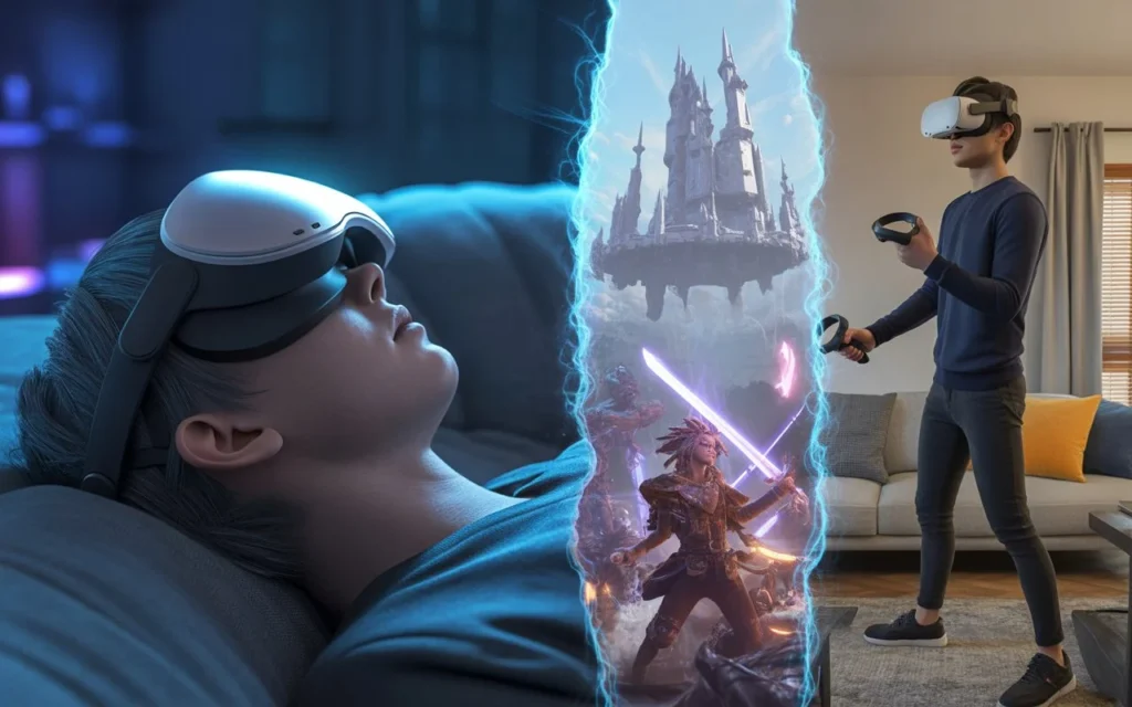 sword art online vr -Realistic modern tech lifestyle photograph style image of a person using a high-end VR headset in a minimal contemporary living room. The user is actively moving with motion controllers, dynamic body posture, realistic lighting, natural daylight coming through windows, slight motion blur for immersion effect. Ultra-detailed, DSLR-quality, high dynamic range, clean environment, sharp focus, professional technology photography style, no text.