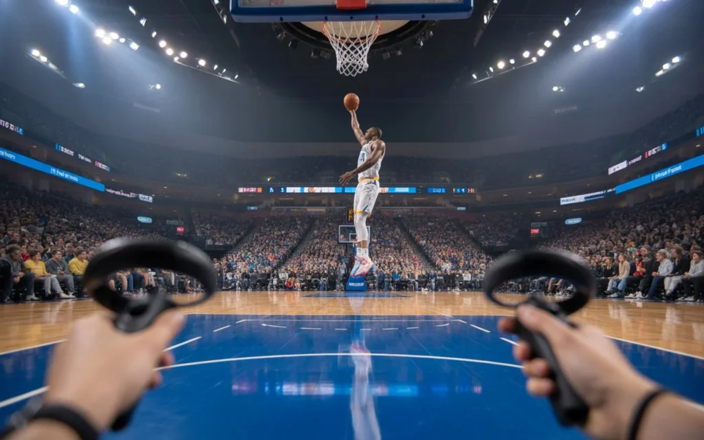 First-person courtside view of a live basketball dunk inside a packed arena, showcasing the immersive experience of virtual reality NBA games with VR controllers visible in the foreground.
