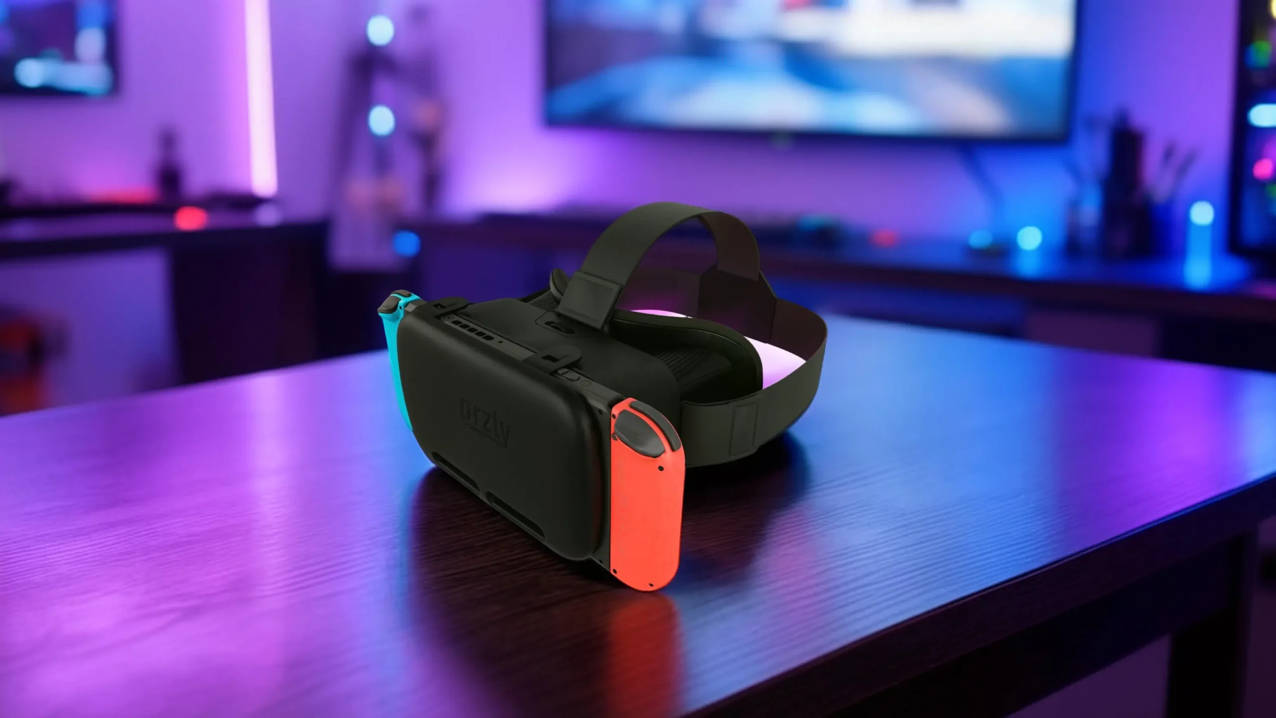vr headset for switch with Nintendo console attached on gaming desk background