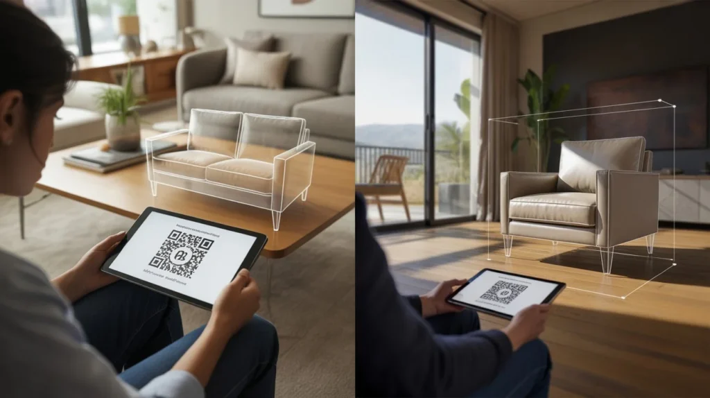 Augmented Reality Guide example comparing marker-based and markerless AR technology in a home setting