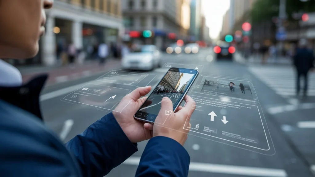Augmented Reality Guide illustration of how AR works with smartphone overlays in a real-world city environment