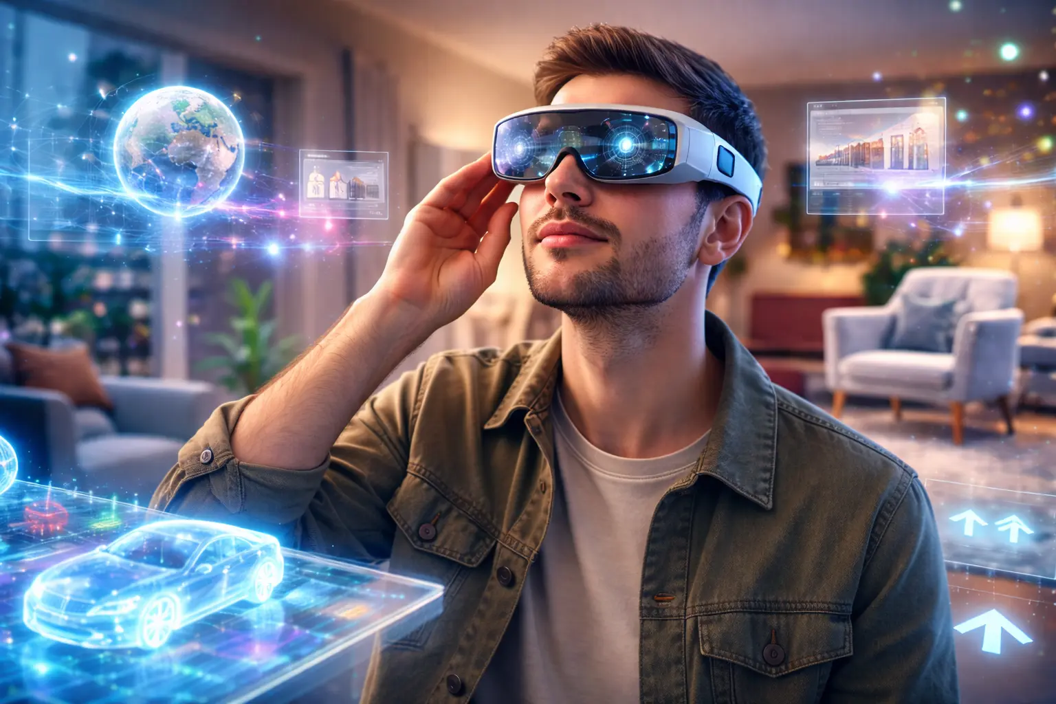 Augmented Reality Guide showing a man interacting with holographic digital overlays in a modern urban environment