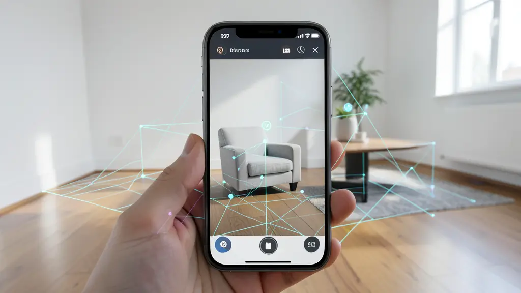 Augmented reality home design app demonstrating spatial mapping and 3D furniture placement in a living room.