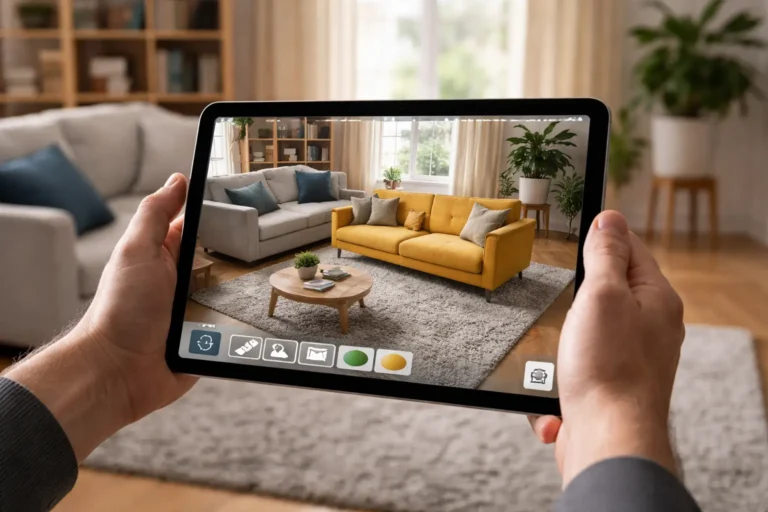 Augmented reality home design app visualizing a modern sofa in a real living room using a tablet.