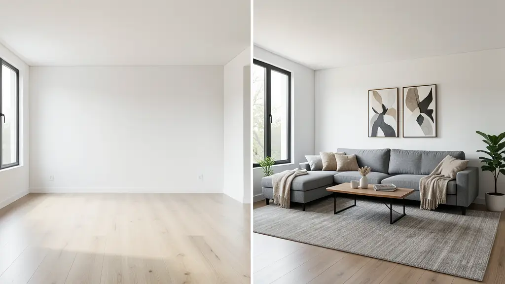 Before and after living room transformation using an augmented reality home design app to visualize furniture placement.