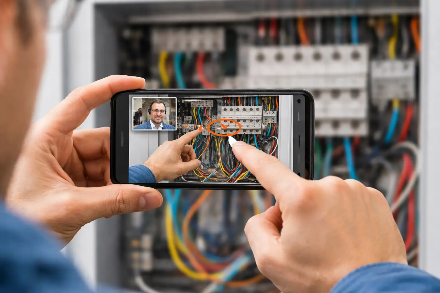Chalk augmented reality remote assistance showing technician receiving AR instructions on a smartphone while repairing equipment