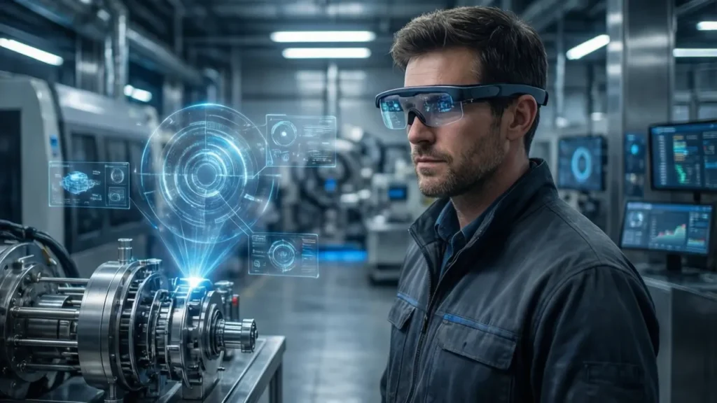 Engineer using chalk augmented reality style AR collaboration with smart glasses in a futuristic industrial workspace