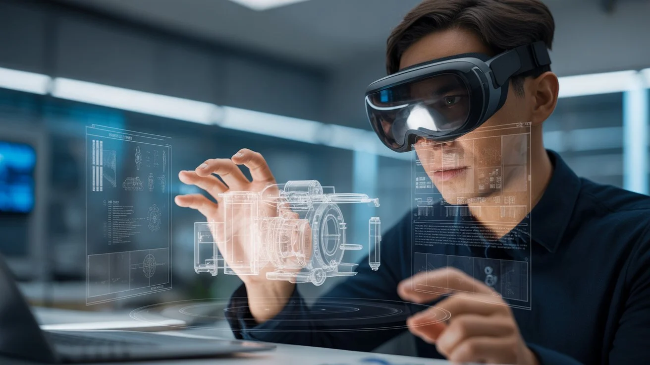 Mixed reality headset user interacting with a holographic 3D machine model in a modern workspace demonstrating mixed reality technology