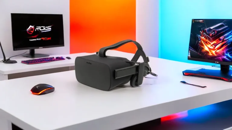 Oculus Rift virtual reality headsets on a gaming desk setup with RGB PC and immersive environment