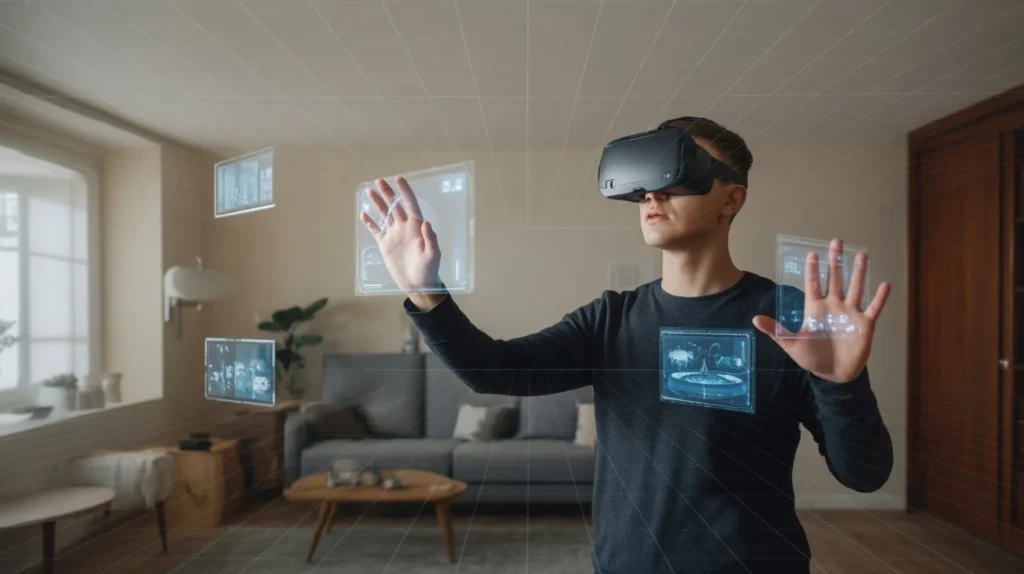 Person interacting with holographic interface using a headset showing how mixed reality works in a real-world environment