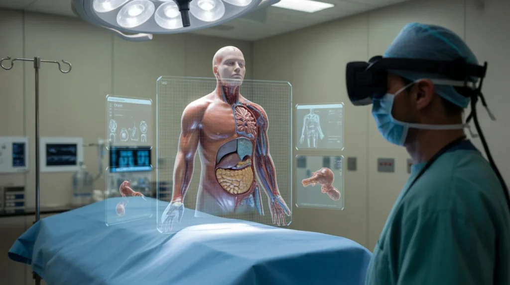 Surgeon using mixed reality headset to examine holographic human anatomy model for medical training and surgical planning