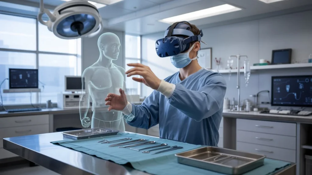 Virtual Reality Guide example showing VR medical training simulation in a healthcare environment