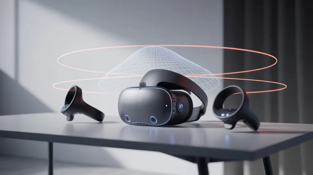 Virtual Reality Guide illustration showing VR headset components, motion controllers, and tracking system visualization