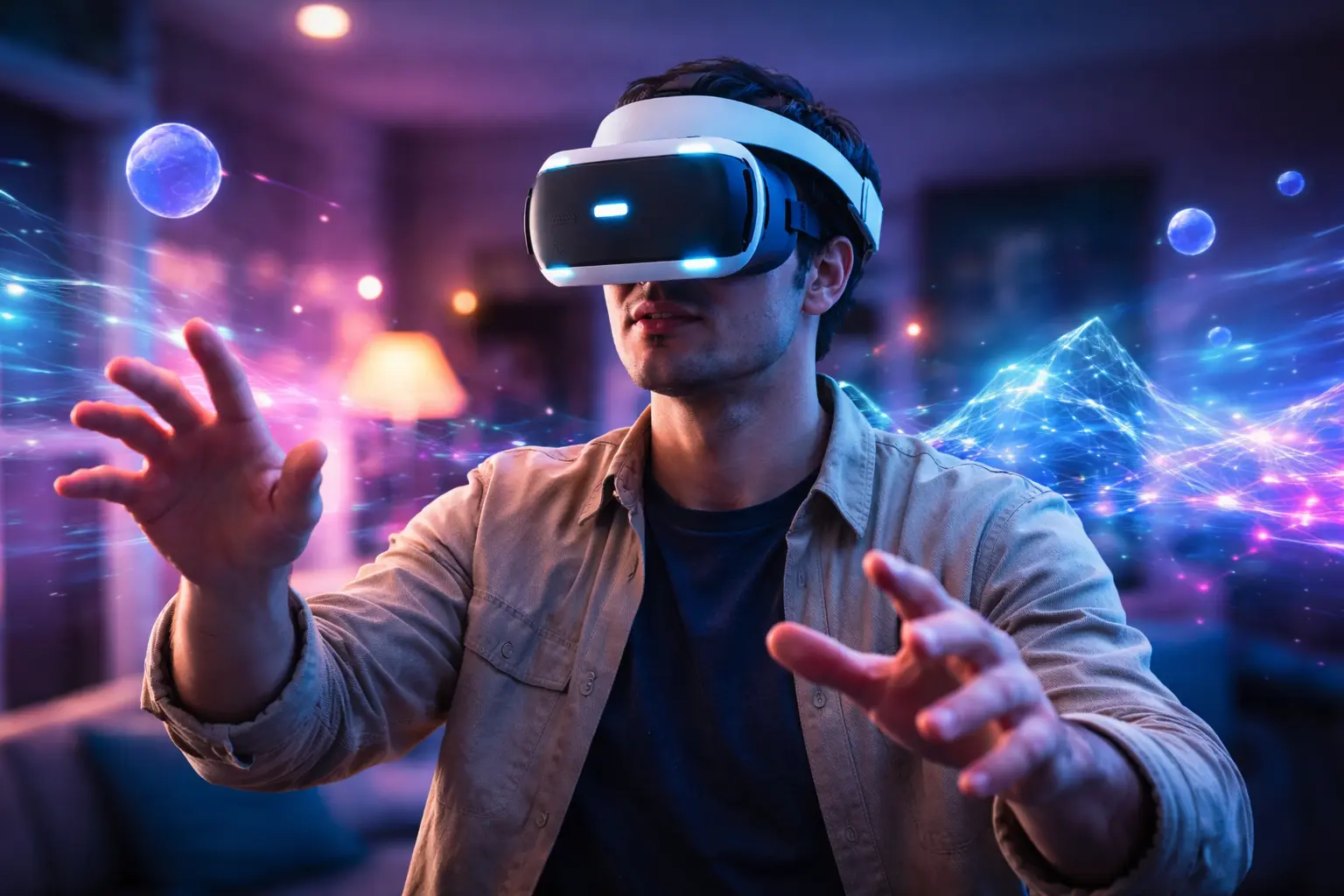 Virtual Reality Guide showing a person wearing a VR headset immersed in a futuristic digital environment
