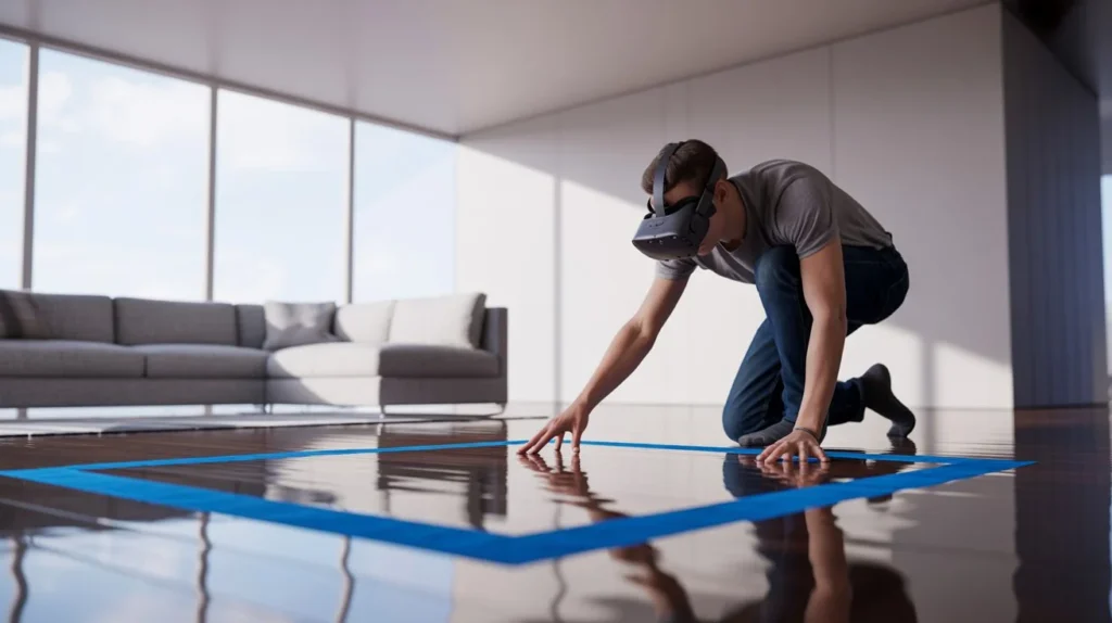 Virtual Reality Guide showing beginner setting up VR headset and safe play area at home