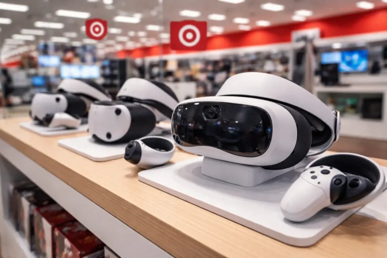 Virtual reality headset Target display with multiple VR headsets and controllers showcased in a Target electronics store