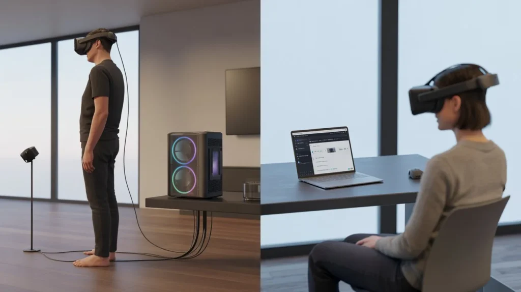 What is WebXR comparison between browser-based XR and native VR application setup