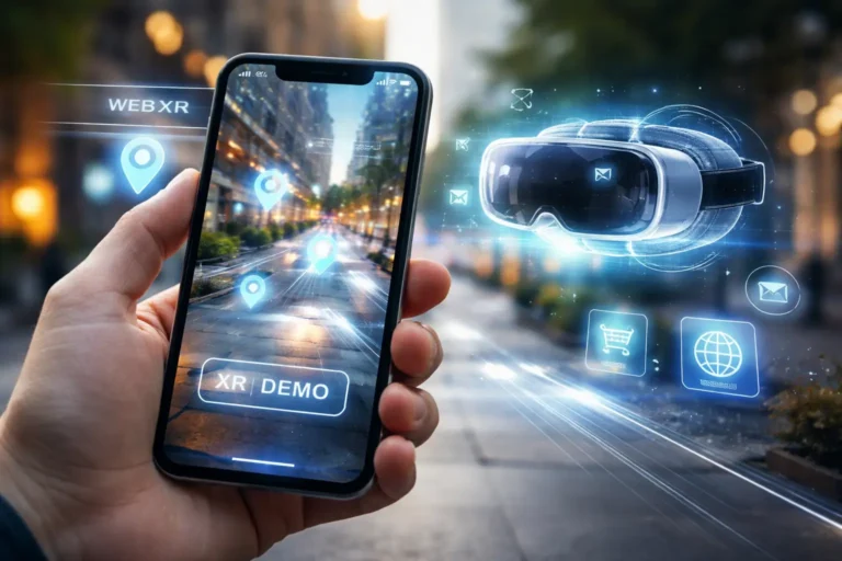 What is WebXR illustration showing browser-based AR and VR experience on a smartphone with immersive 3D overlays