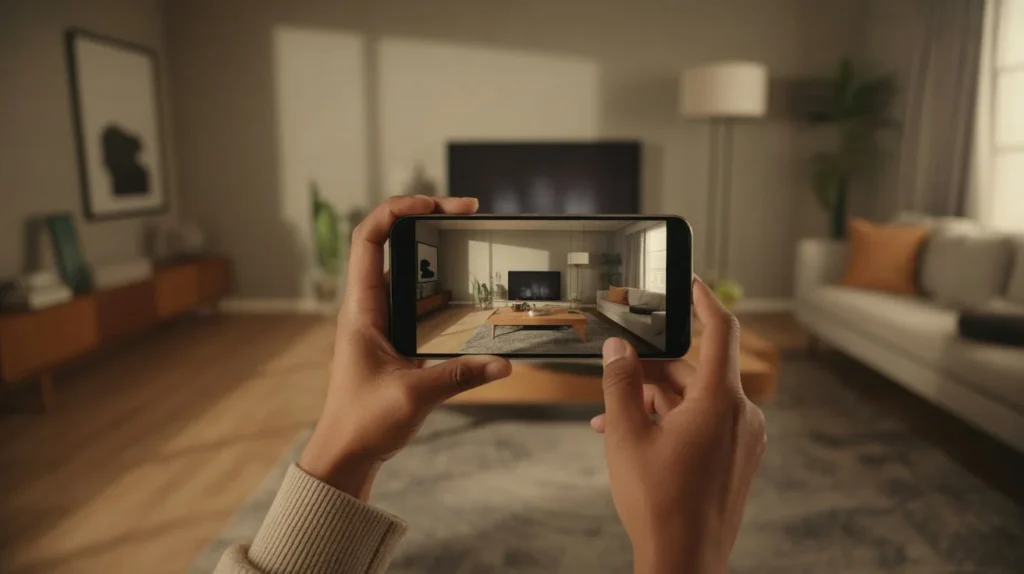 What is WebXR use case showing browser-based augmented reality furniture preview in a home environment