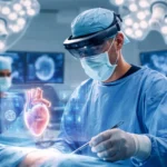 augmented reality medical apps used by a surgeon visualizing a 3D holographic heart during a modern operating room procedure