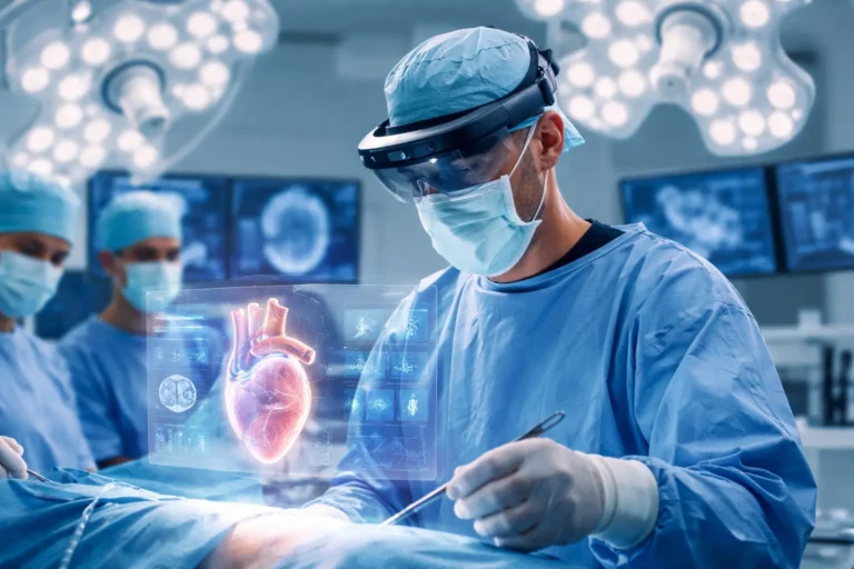 augmented reality medical apps used by a surgeon visualizing a 3D holographic heart during a modern operating room procedure