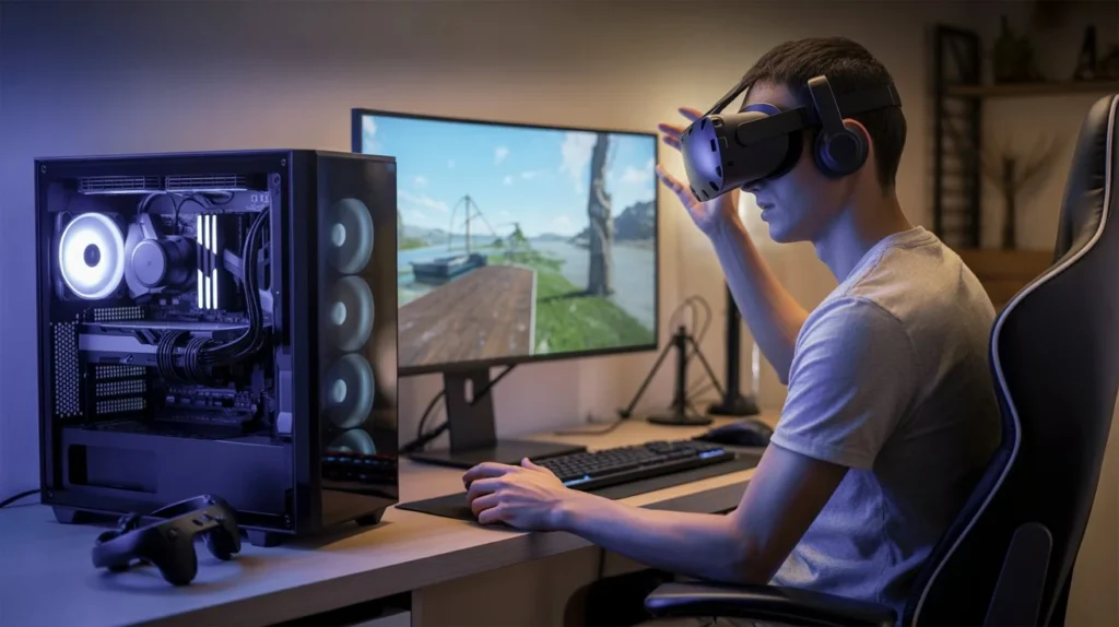best gpu for virtual reality gaming PC setup connected to VR headset for immersive gameplay