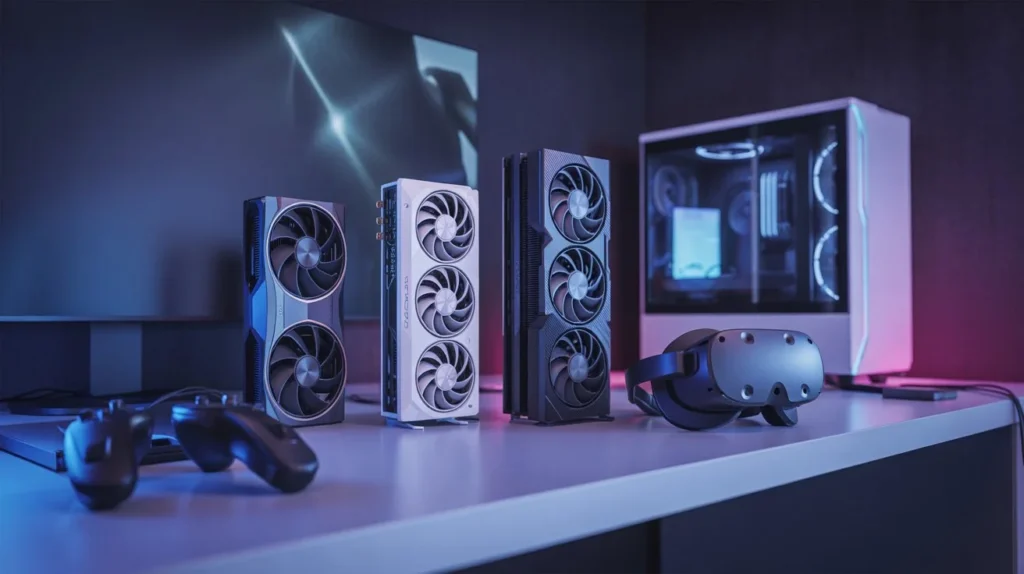 best gpu for virtual reality gaming graphics cards displayed with VR headset and controllers