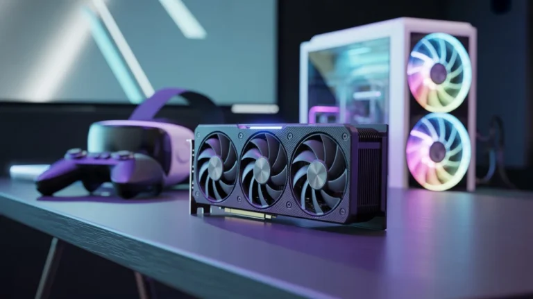 best gpu for virtual reality setup with high-end gaming graphics card and VR headset on modern gaming desk