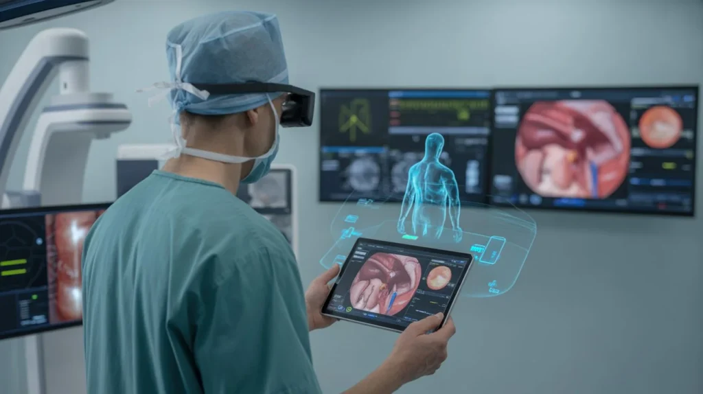 doctor collaborating remotely with augmented reality medical apps using AR overlays for surgical guidance