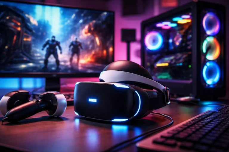 immersive VR PC games gaming setup with VR headset, controllers, and high-end gaming PC