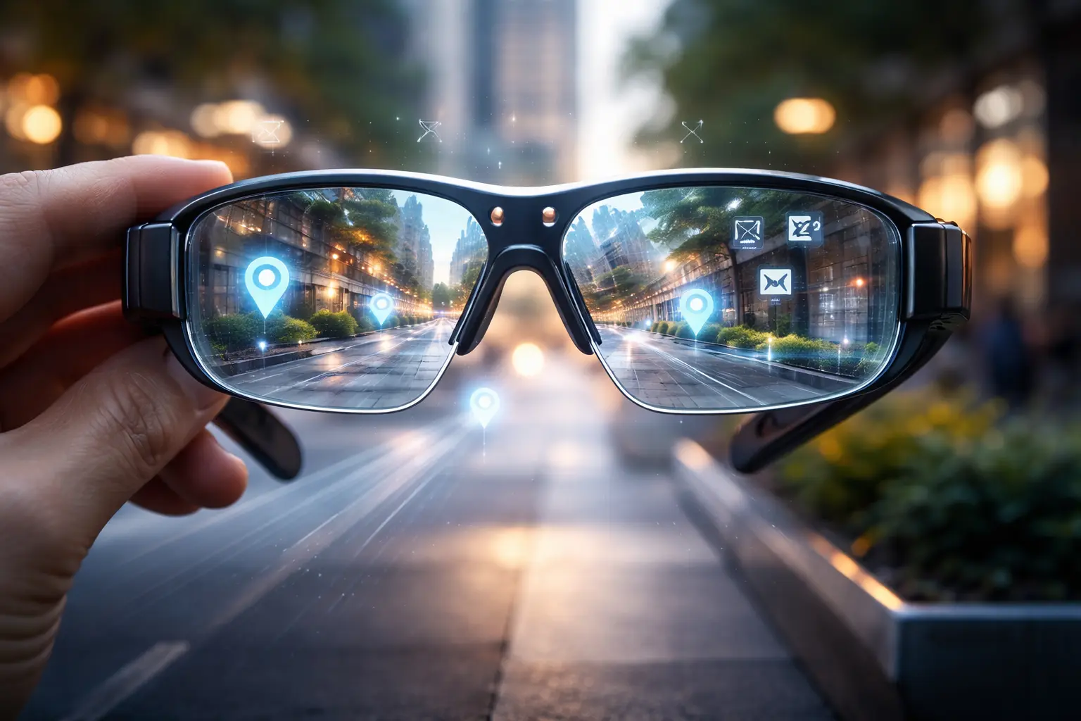what are AR glasses concept showing smart augmented reality glasses overlaying digital navigation and information on a real-world city street
