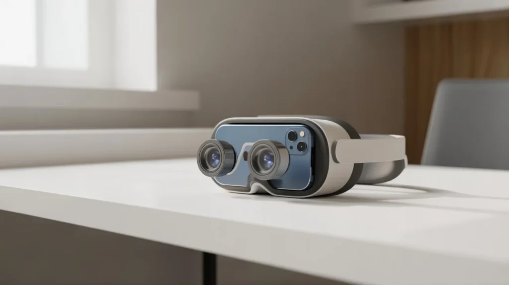 close-up adjustable lenses headset virtual reality for iPhone with iPhone inserted showing VR optics detail