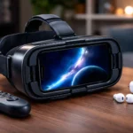 headset virtual reality for iPhone with smartphone inside VR headset on desk with controller and wireless earbuds