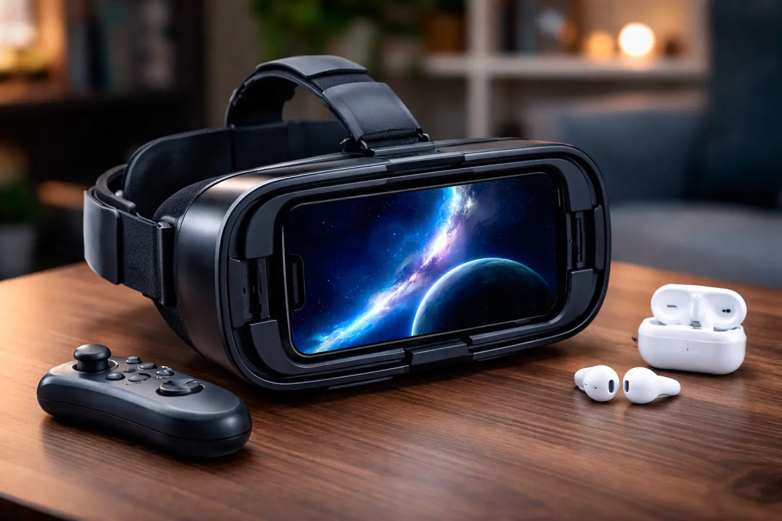 headset virtual reality for iPhone with smartphone inside VR headset on desk with controller and wireless earbuds