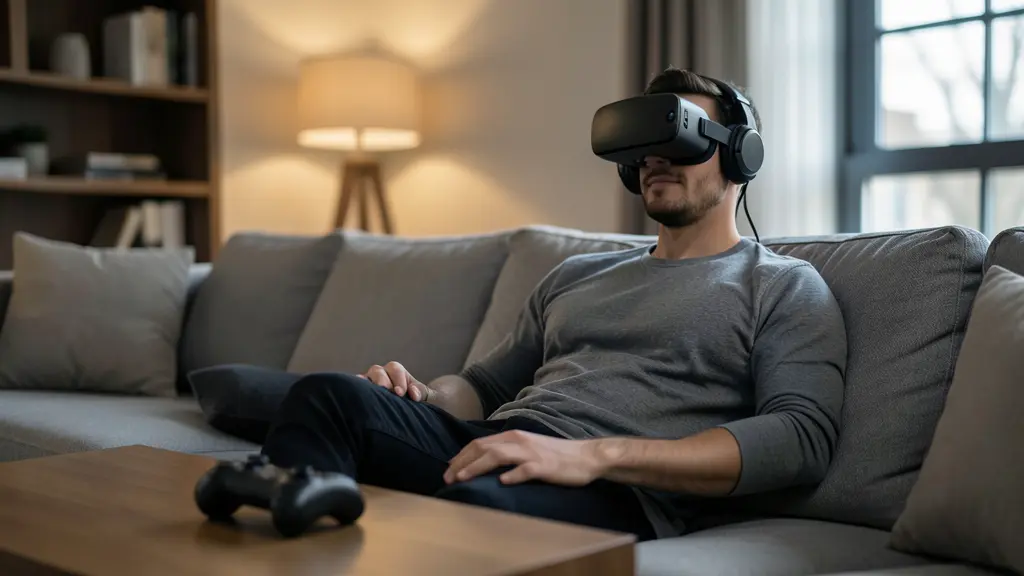 person using headset virtual reality for iPhone watching immersive VR content in living room