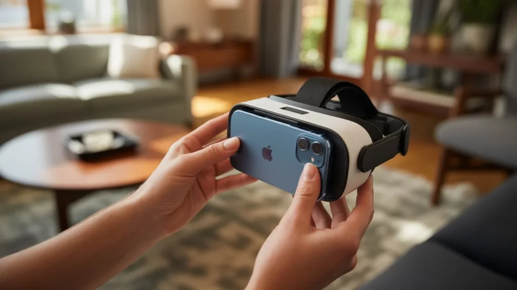 setting up headset virtual reality for iPhone inserting smartphone into mobile VR headset at home