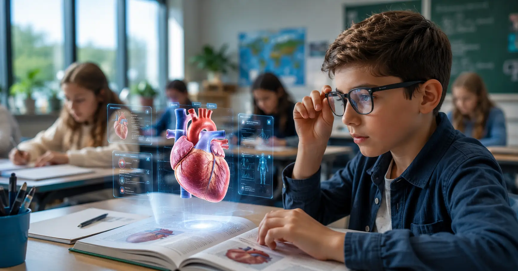 Student using augmented reality glasses to interact with a 3D educational model in a modern classroom, demonstrating augmented reality in education