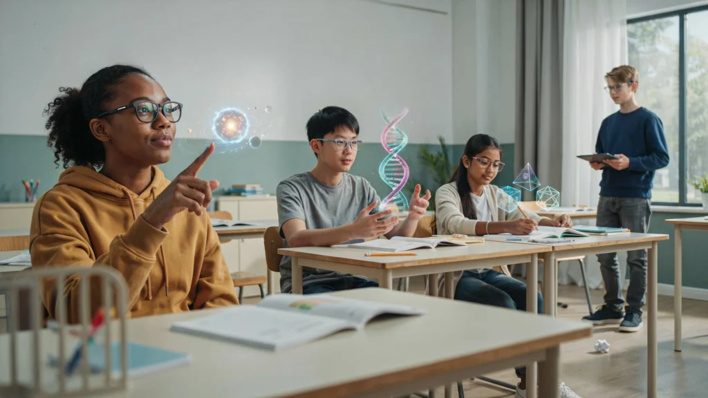 Students interacting with 3D learning models through augmented reality in education in a modern classroom